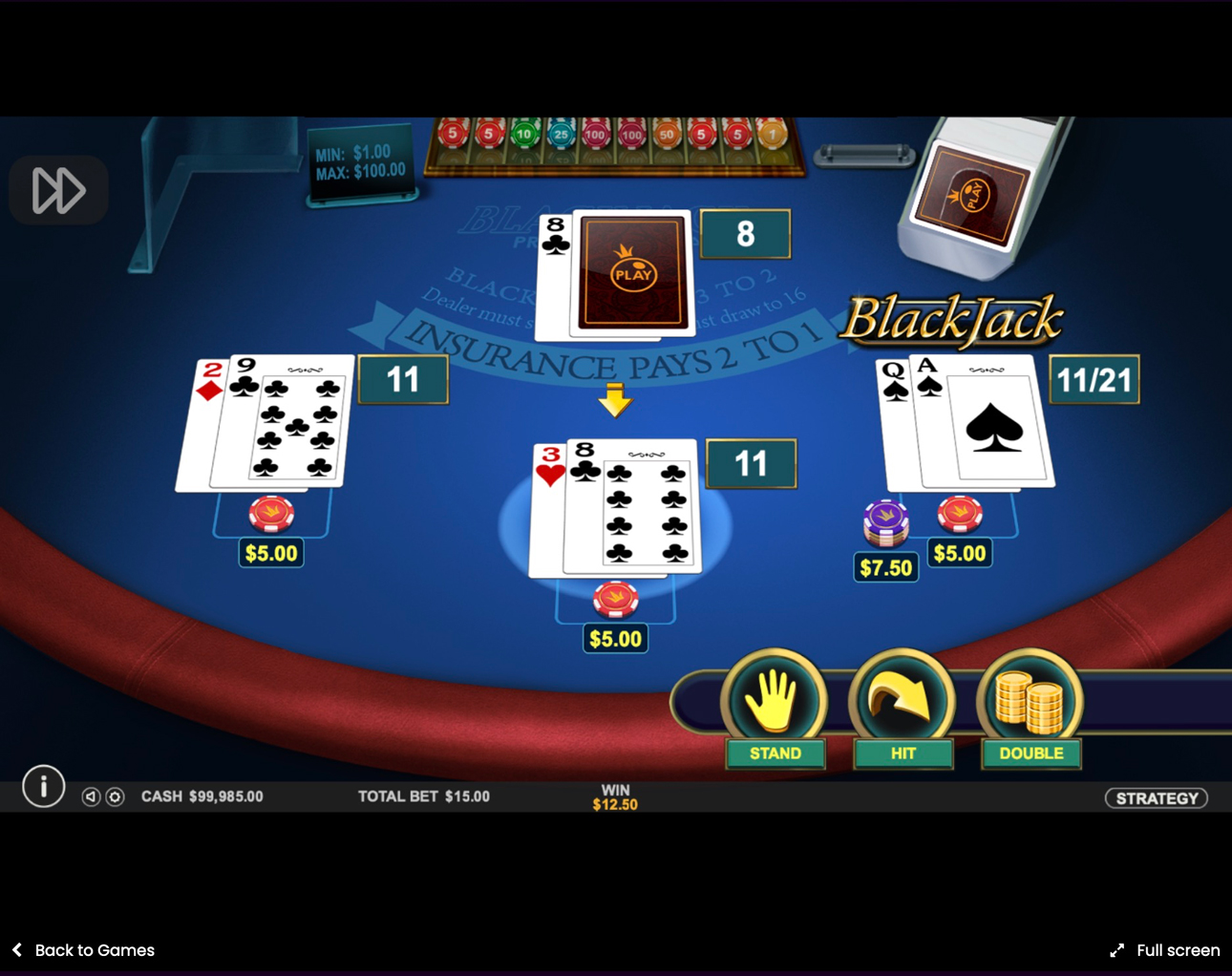 Online blackjack interface