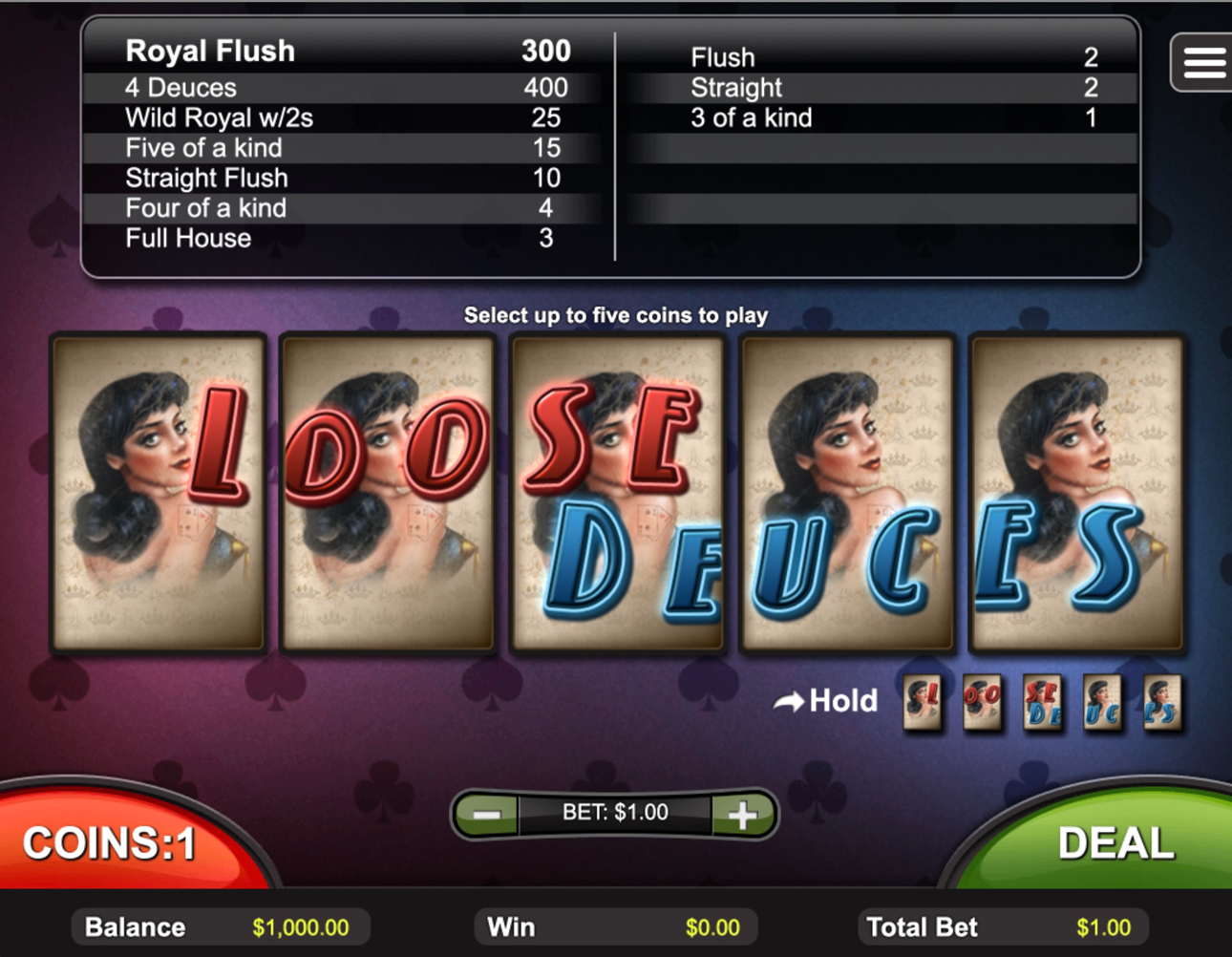 Online video poker interface