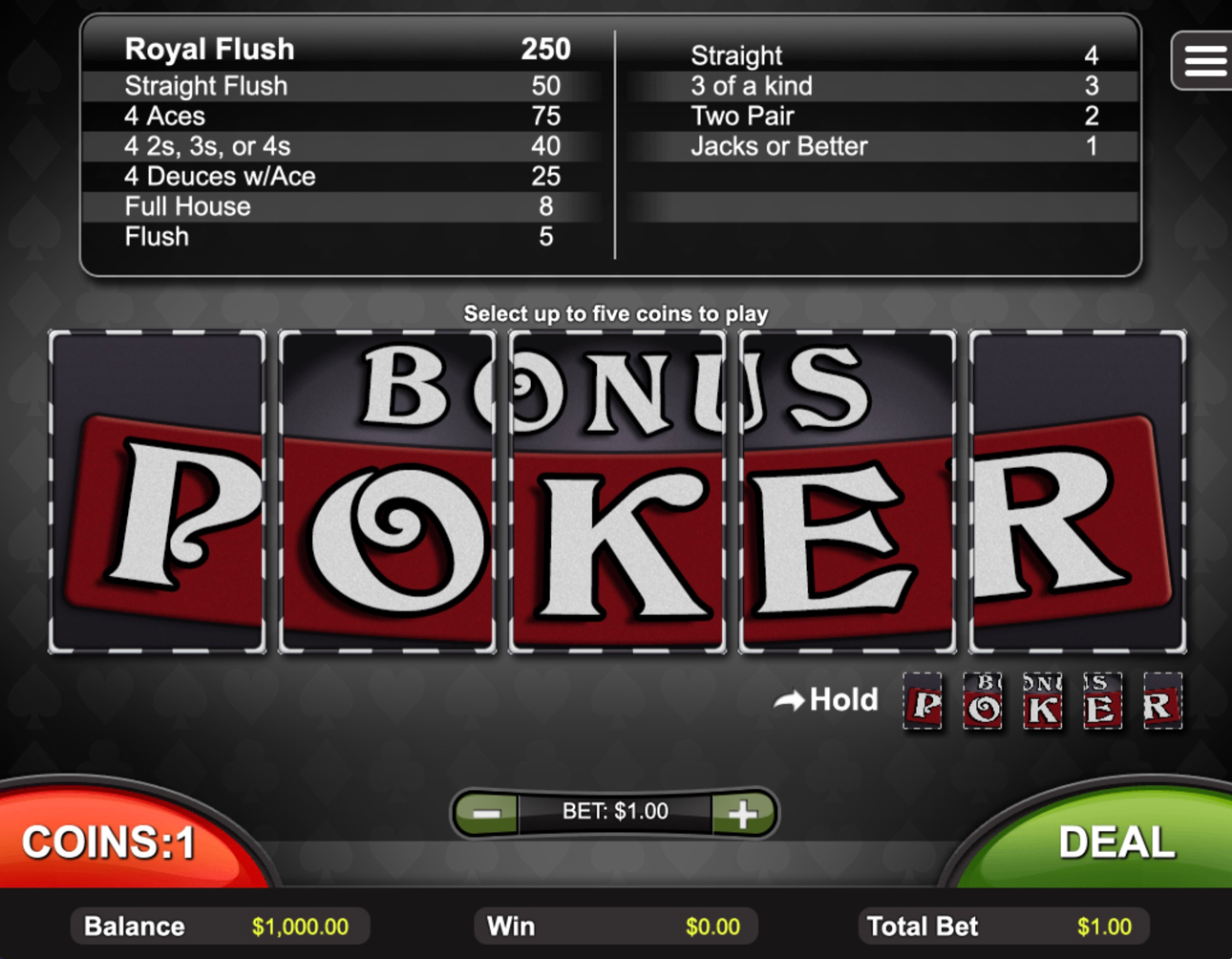 Online video poker interface
