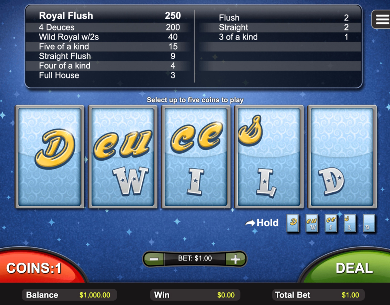Online video poker interface